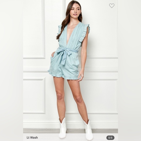 #083 Chambray Ruffle Neck waist belt romper - Picture 8 of 8